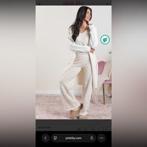 Pink Lily Cozy Beige and White Striped Set NWOT